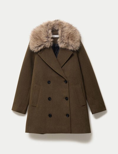 Manteau droit mi-long col tailleur vert kaki femme