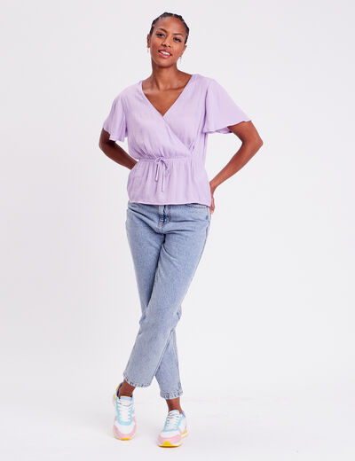 Blouse manches courtes satin violet femme