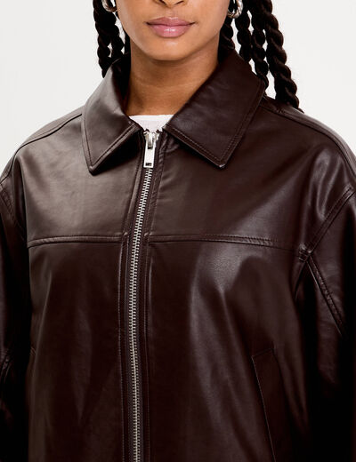 Bomber oversize similicuir col chemise marron foncé femme