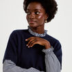 Pull 2-en-1 col rond manches vichy bleu marine femme