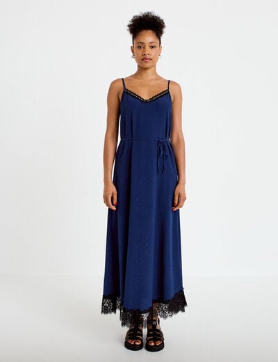 Robe longue &eacute;vas&eacute;e col v dentelle bleu marine femme