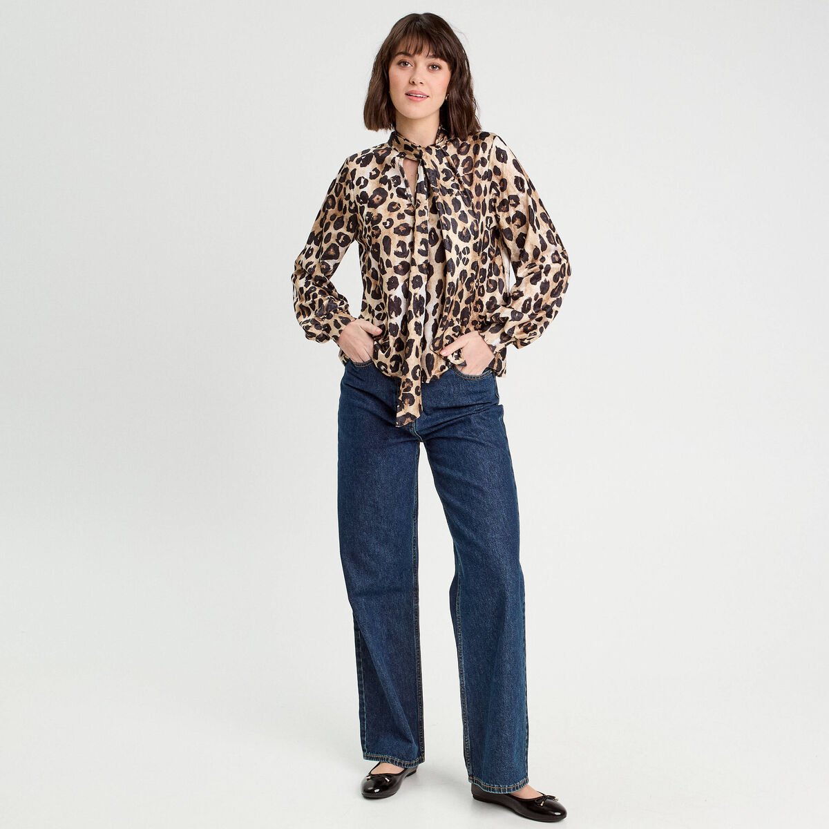 Blouse col lavallière beige femme