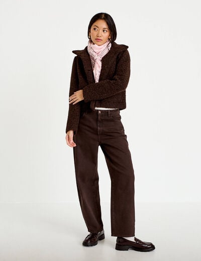 Veste droite bouclette col montant marron fonc&eacute; femme