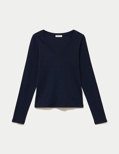 Top ajust&eacute; col v manches longues bleu marine femme