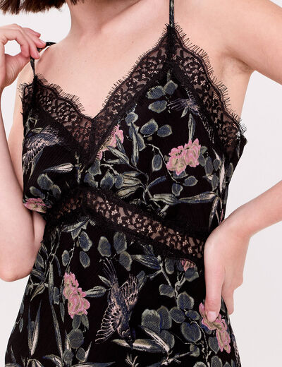 Robe longue droite col v dentelle noir femme