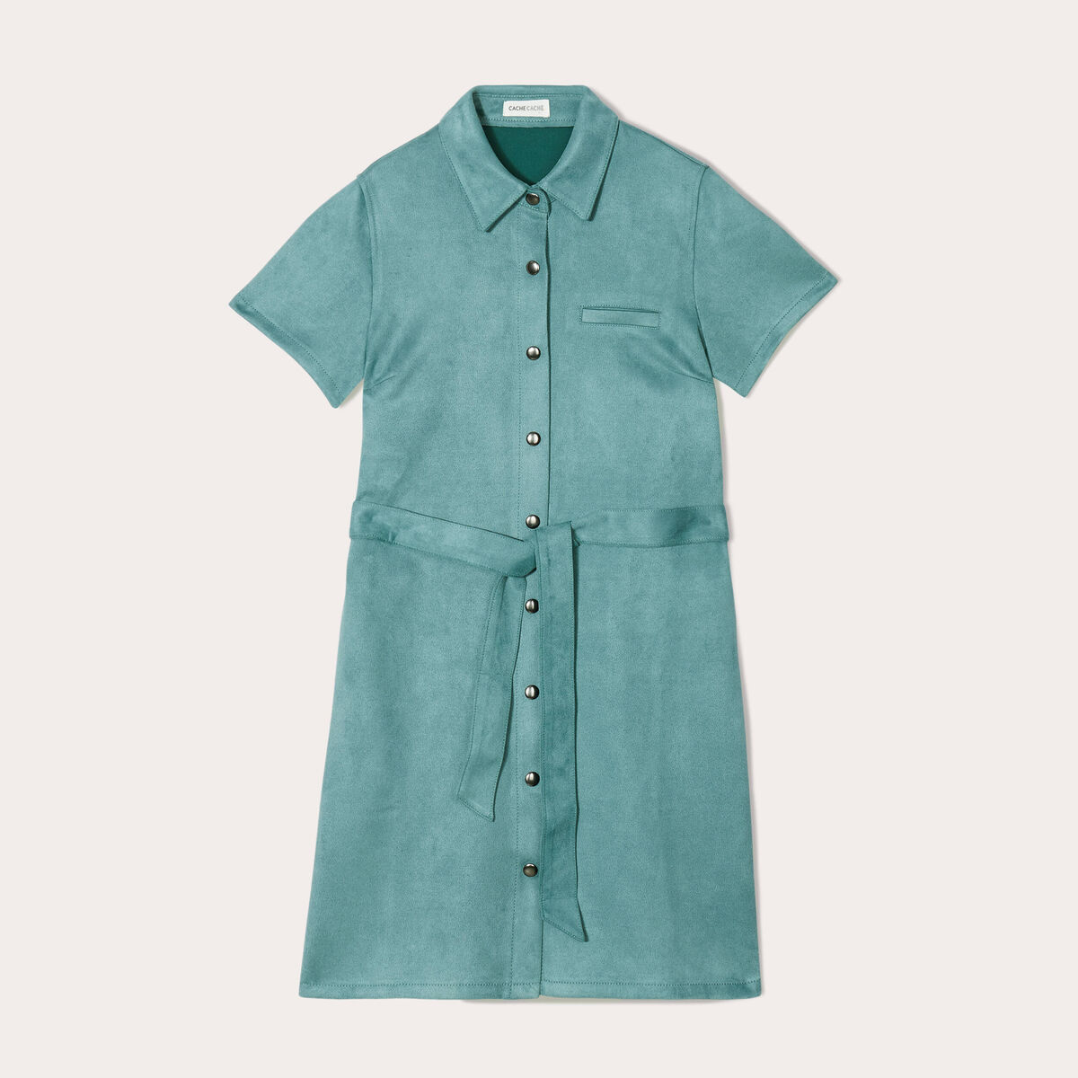 Robe suédine droite ceinturée vert foncé femme