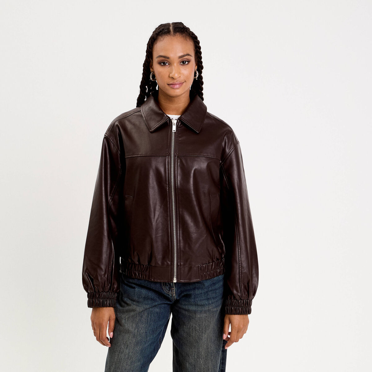Bomber oversize similicuir col chemise marron fonc&eacute; femme