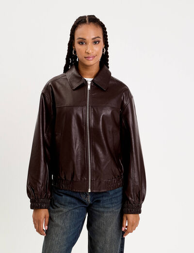 Bomber oversize similicuir col chemise marron foncé femme