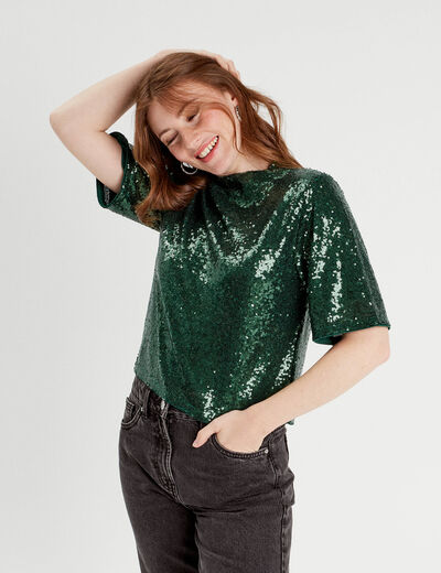 T-shirt sequins col montant vert foncé femme