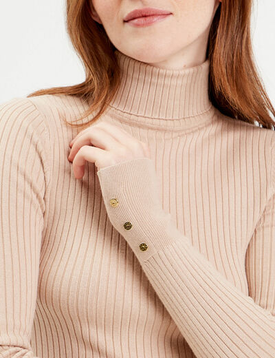 Pull col roulé côtelé sable femme
