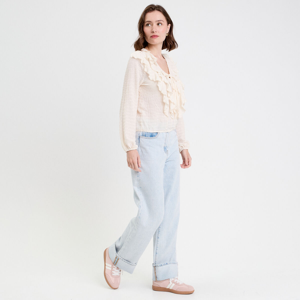 Blouse manches longues aspect dentelle ecru femme