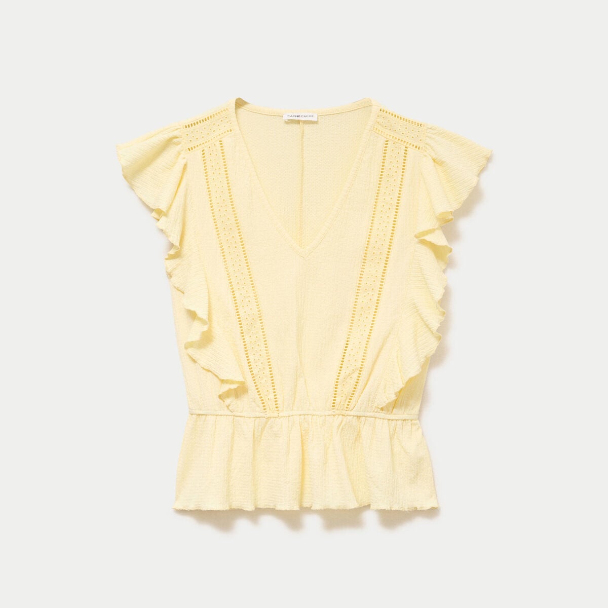 Blouse col rond manches courtes dentelle jaune pastel femme