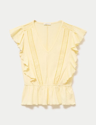 Blouse col rond manches courtes dentelle jaune pastel femme