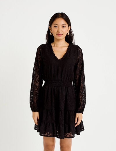 Robe courte &eacute;vas&eacute;e en dentelle col v noir femme