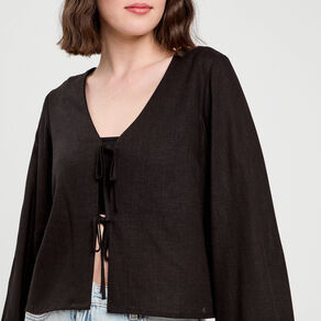 Blouse nouée mélange lin noir femme