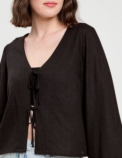 Blouse nouée mélange lin noir femme