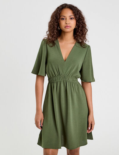 Robe évasée taille élastiquée vert kaki femme