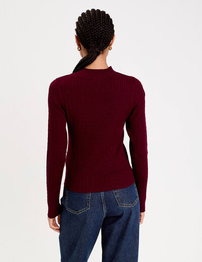 Pull col montant torsades bordeaux femme
