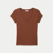 T-shirt ajust&eacute; col v manches courtes marron femme