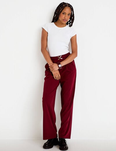 Pantalon large ceinture bijou bordeaux femme