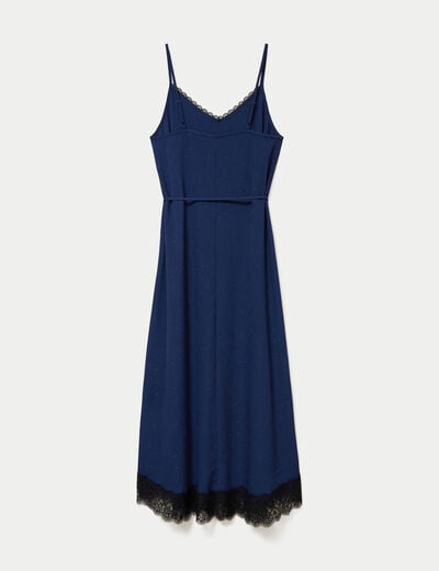 Robe longue &eacute;vas&eacute;e col v dentelle bleu marine femme