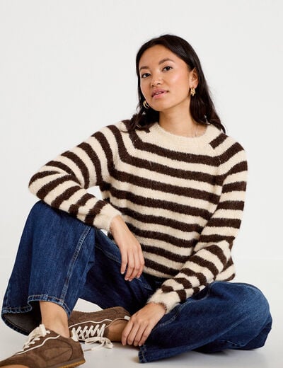 Pull ample col rond manches longues ivoire femme