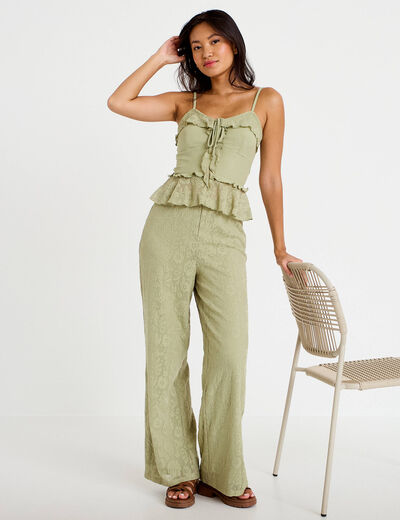 Pantalon large taille haute vert kaki femme