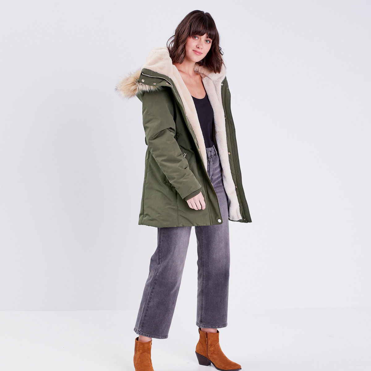 Parka droite avec capuche vert kaki femme