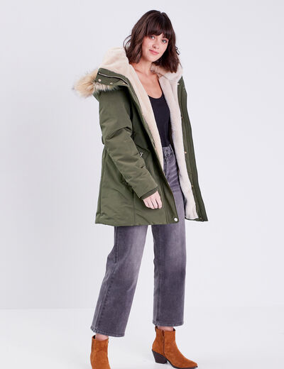 Parka droite avec capuche vert kaki femme