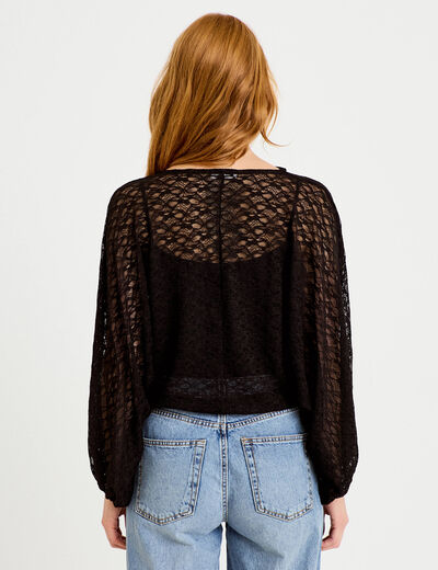 Blouse dentelle col rond manches longues noir femme