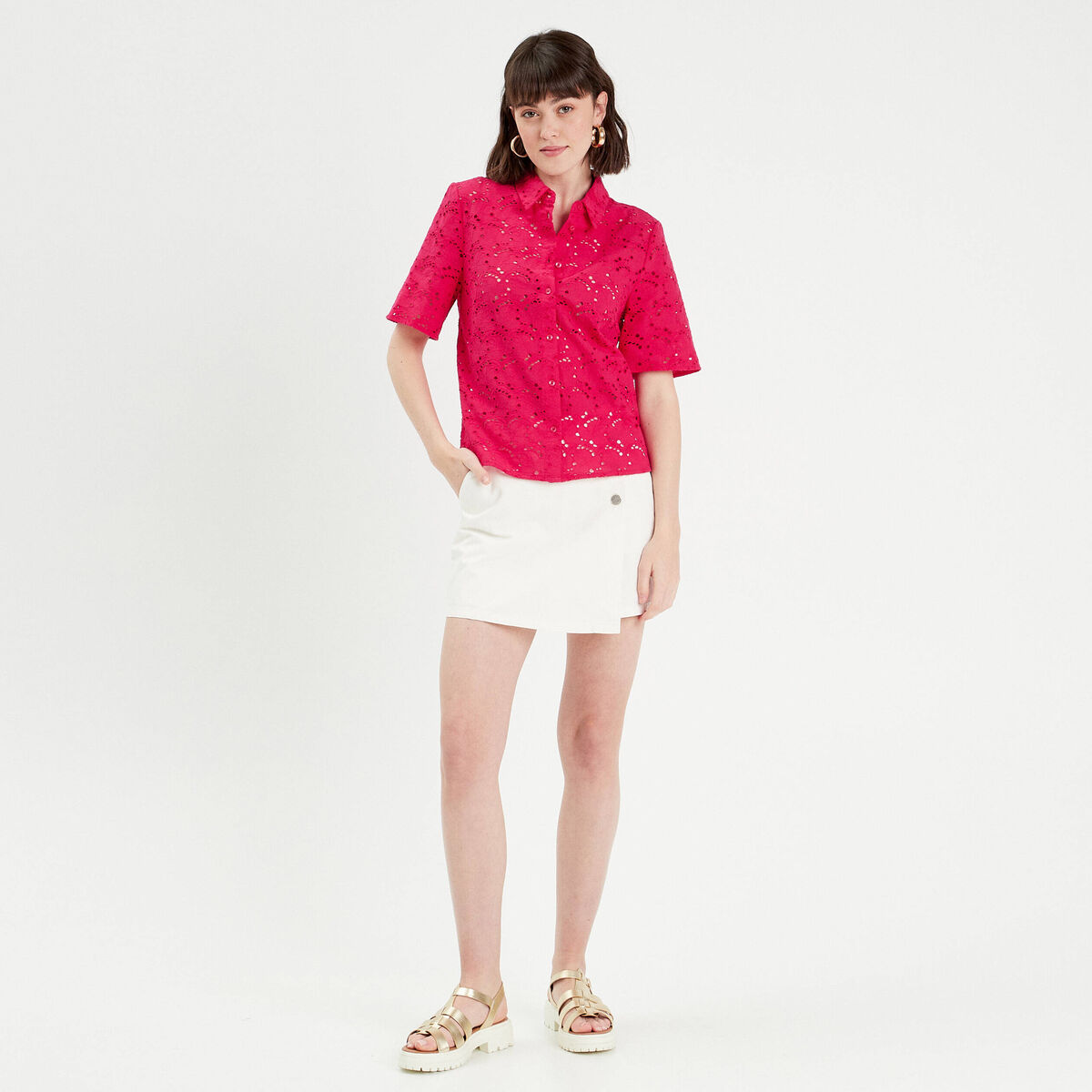Chemise broderie anglaise rose fushia femme