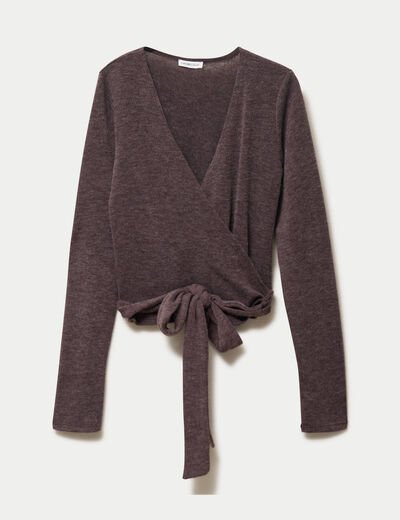 Cache-coeur droit manches longues marron clair femme