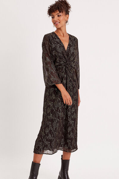 Robe longue droite effet noué noir femme