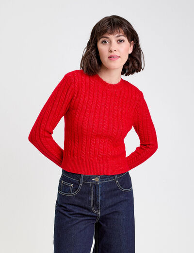 Pull ajusté col rond manches longues rouge femme