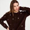 Gilet manches longues broderies col rond marron fonc&eacute; femme