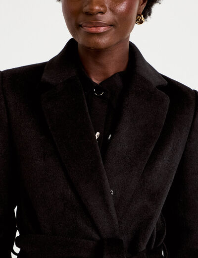 Manteau cintr&eacute; col ch&acirc;le manches longues noir femme
