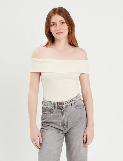 T-shirt manches courtes c&ocirc;tel&eacute; ecru femme