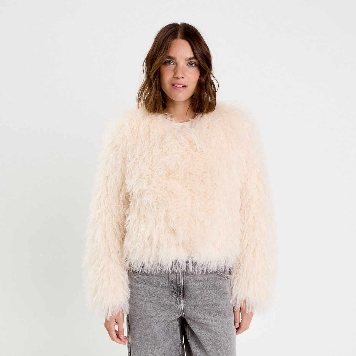 Veste fausse fourrure ecru femme