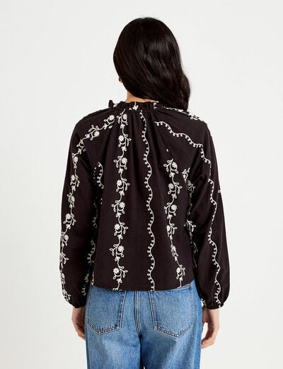Blouse droite col am&eacute;ricain broderie noir femme