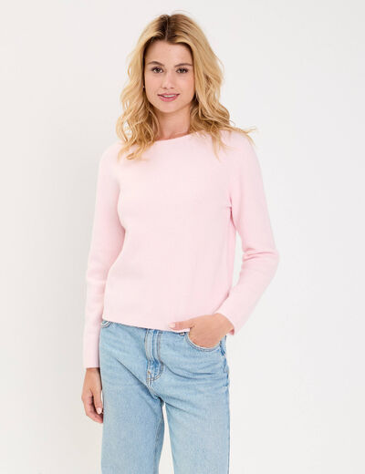 Pull d&eacute;collet&eacute; dos avec noeuds rose clair femme