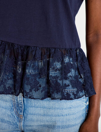 T-shirt manches courtes en dentelle bleu marine femme