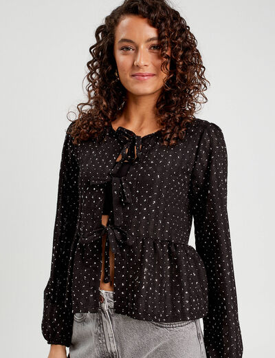 Blouse nou&eacute;e strass noir femme