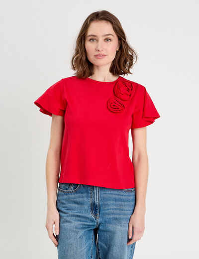 T-shirt détails fleurs rouge femme