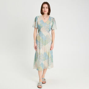 Robe midi évasée col en V bleu pastel femme