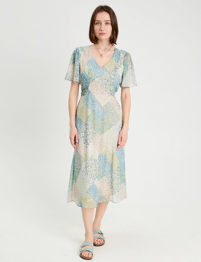 Robe midi évasée col en V bleu pastel femme