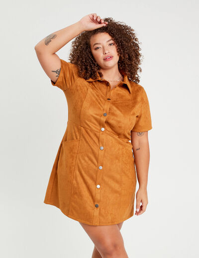 Robe droite boutonnée suédine camel femme