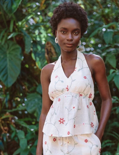 Top dos nu brod&eacute; blanc femme