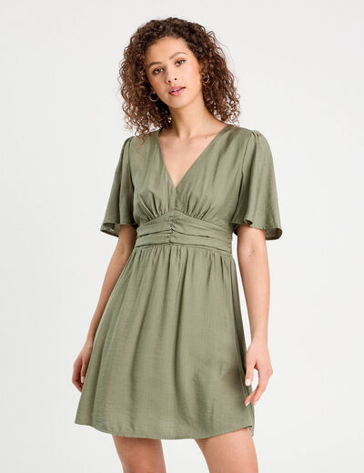 Robe évasée avec fronces vert kaki femme