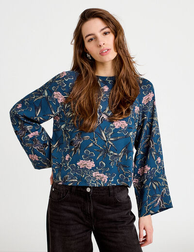 Blouse manches longues encolure bateau bleu p&eacute;trole femme