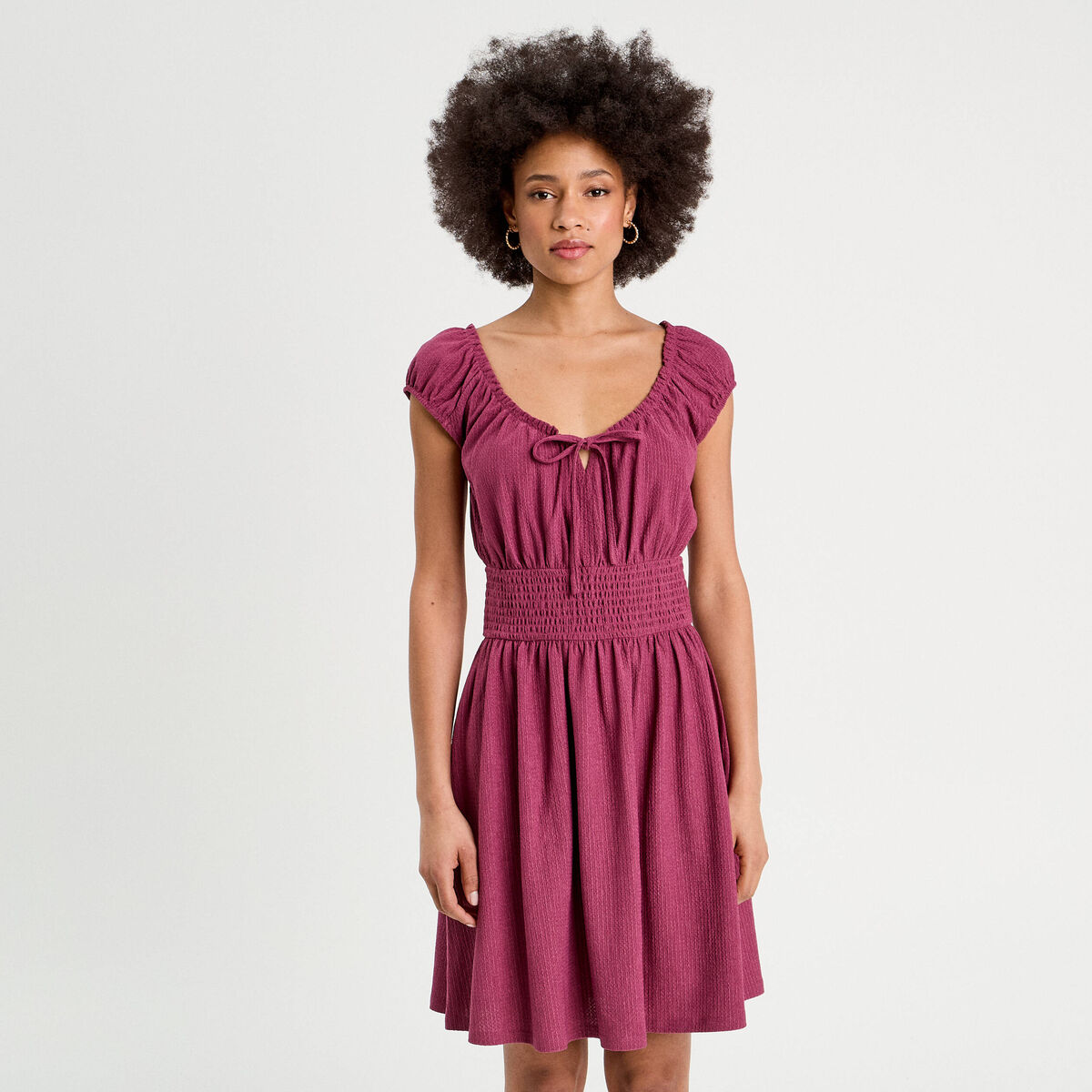 Robe longue évasée à taille smockée indigo femme | Morgan
